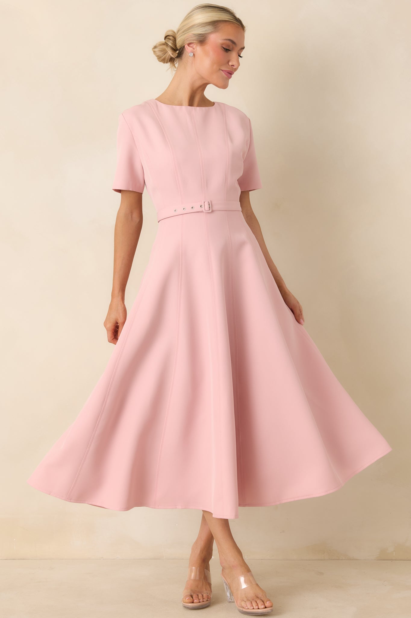 Put Together Perfectly Blush Pink Belted Midi Dress