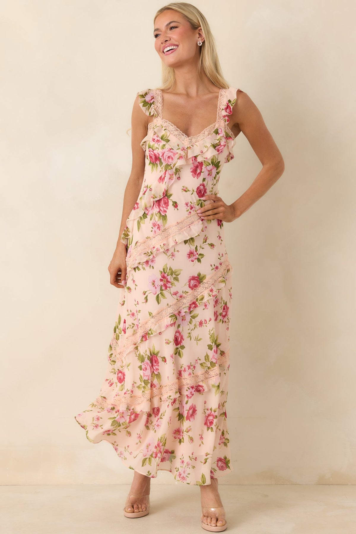 Yours Always Rose Pink Floral Lace & Ruffle Trim Midi Dress