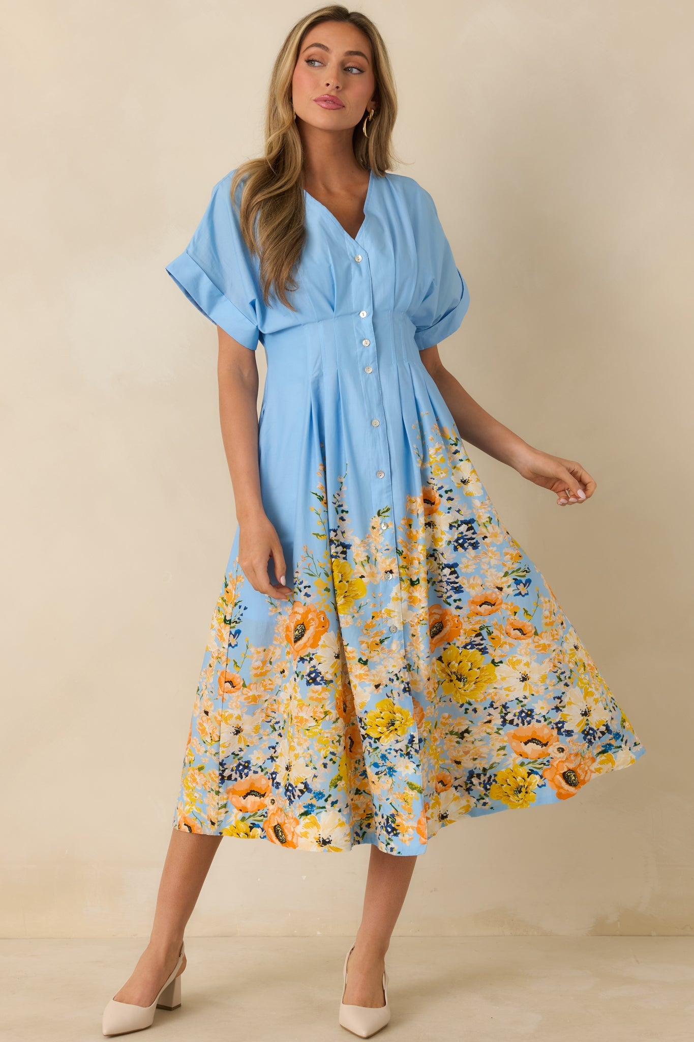 What Comes Next Blue Multi Cotton Floral Midi Dress