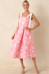 Sweet Disposition Pink Floral Jacquard Tie Strap Midi Dress