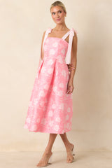 Sweet Disposition Pink Floral Jacquard Tie Strap Midi Dress