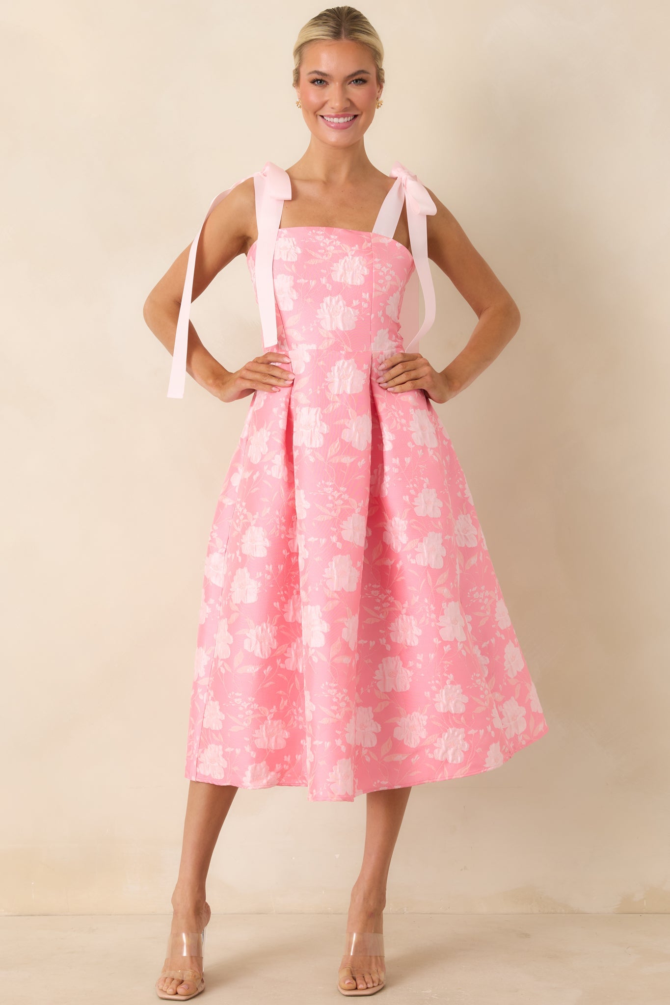 Sweet Disposition Pink Floral Jacquard Tie Strap Midi Dress