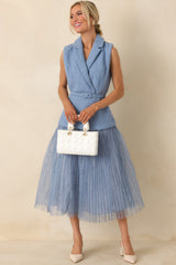 Caught You Smiling Cornflower Blue Textured Woven Belted Lace Midi Dress