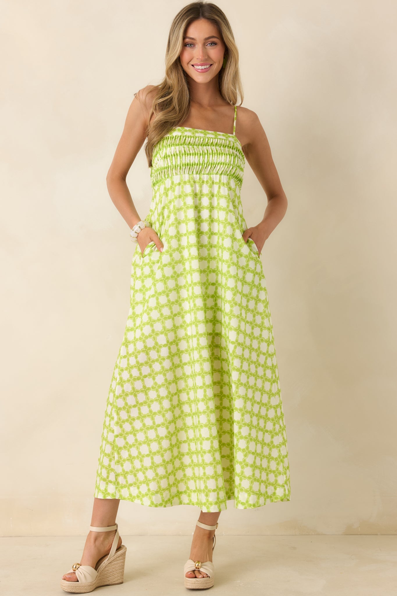 On the Bright Path Chartreuse Green Printed Cotton Midi Dress