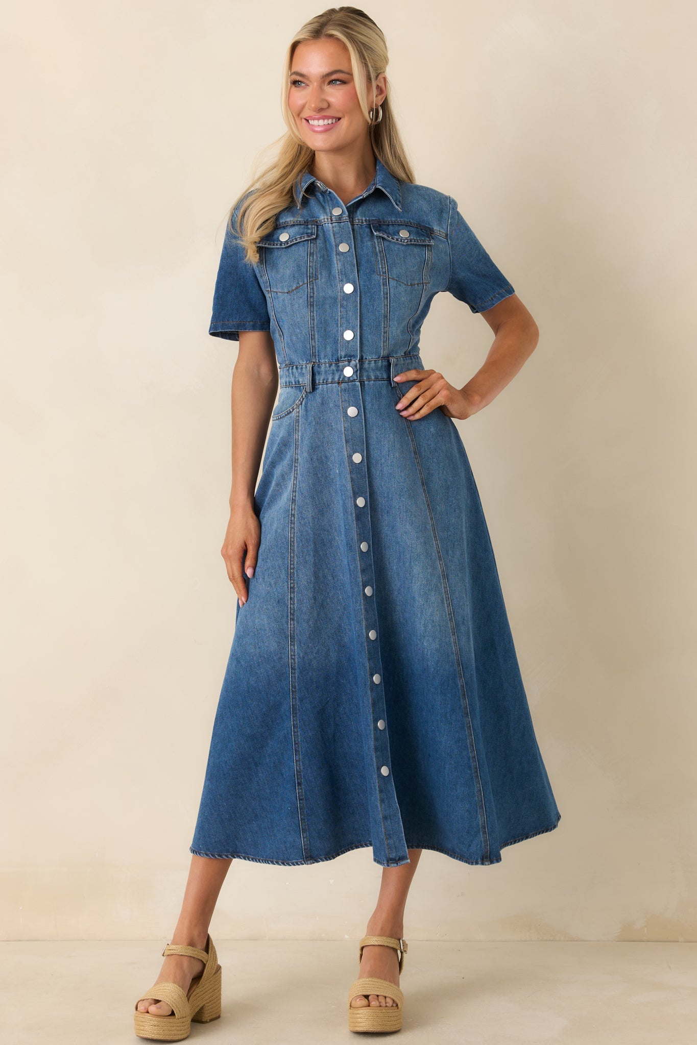 The Right Impression Medium Wash Cotton Denim Midi Dress