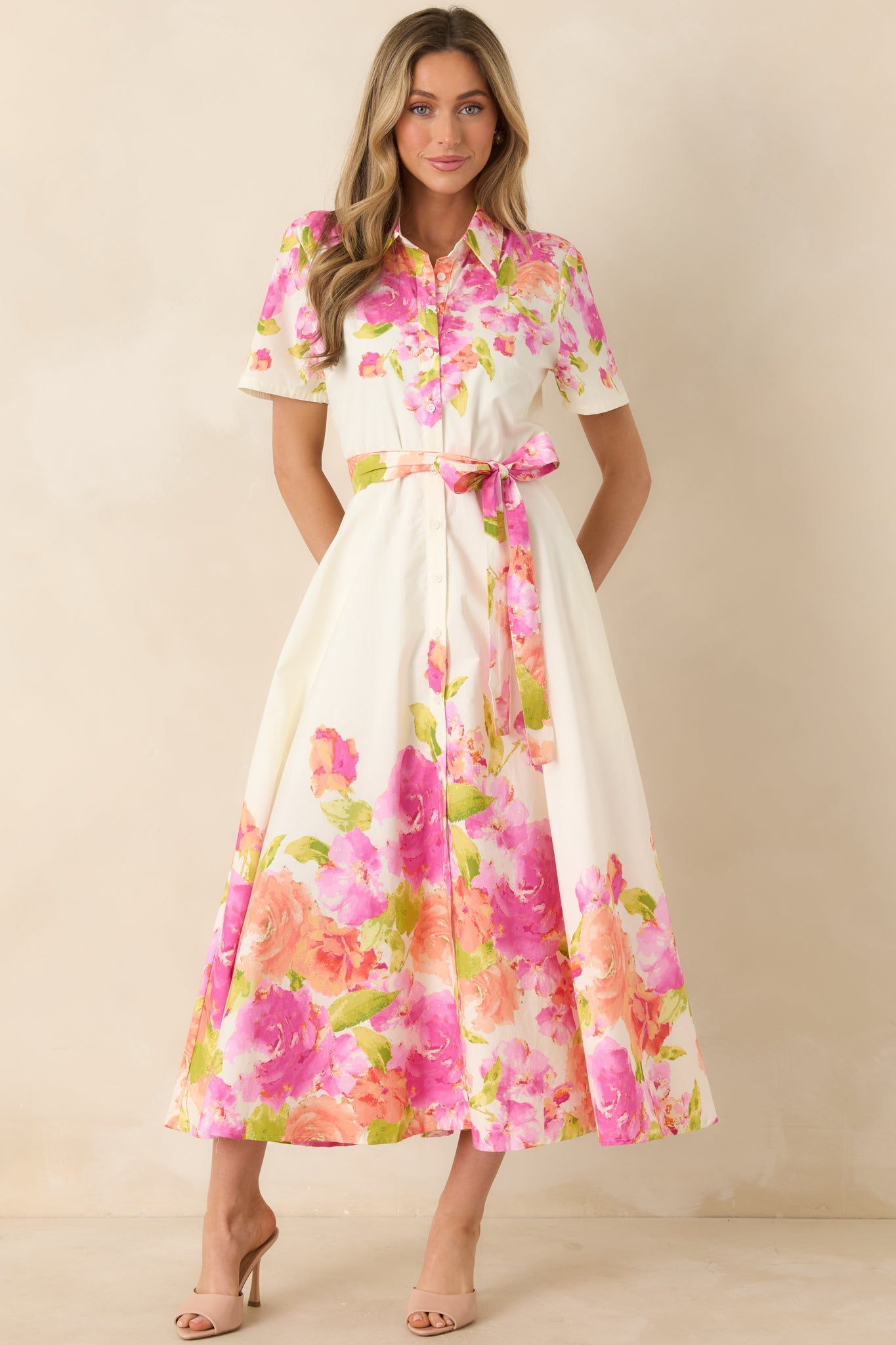 Rosy Outlook Pink Multi Floral Cotton Tie-Belt Midi Dress