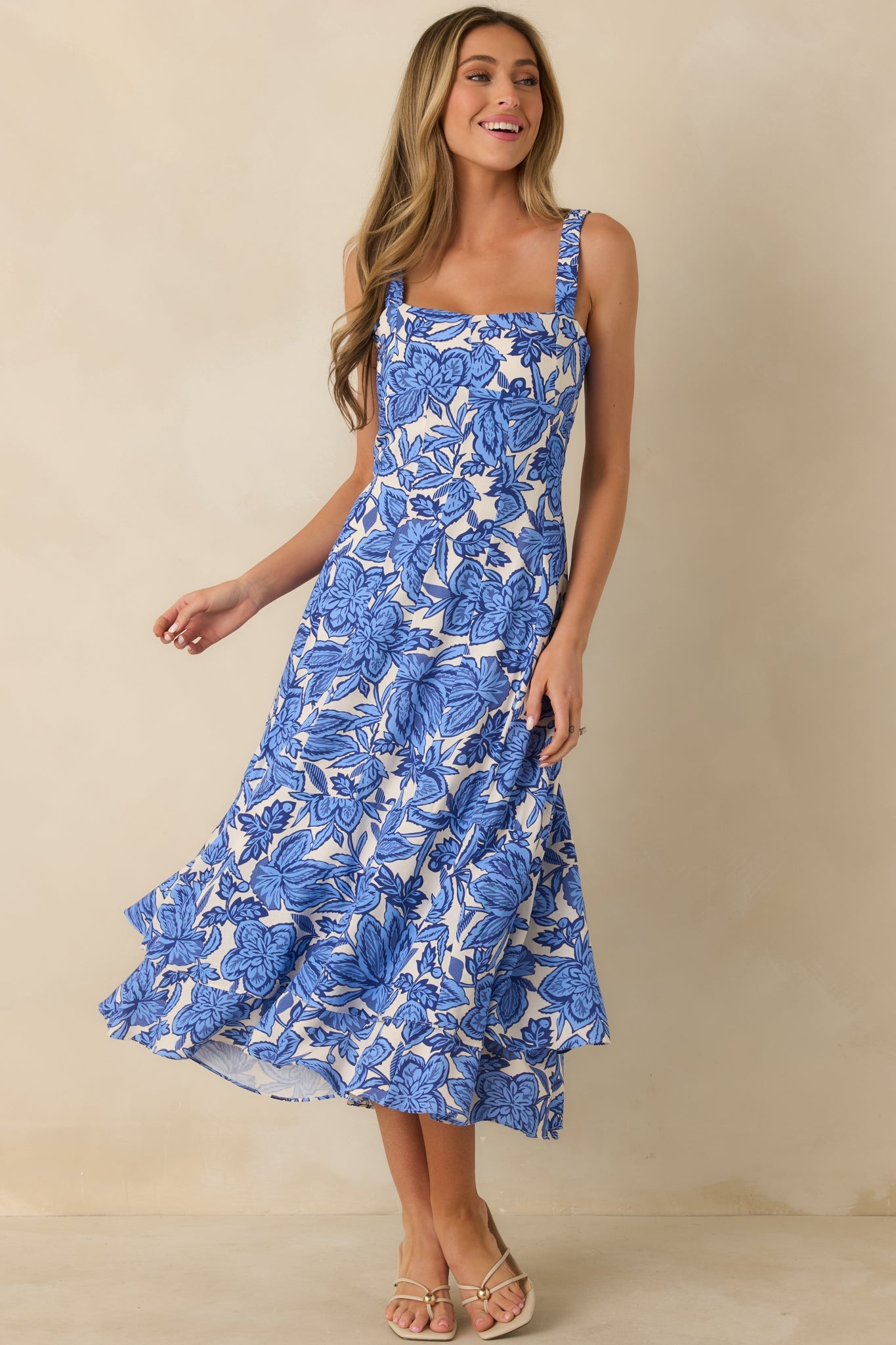 The Sweetest Season Blue Floral Tiered Open Back Midi Dress