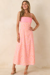 In the Glow Pink & Orange Jacquard Pleated Bust Midi Dress