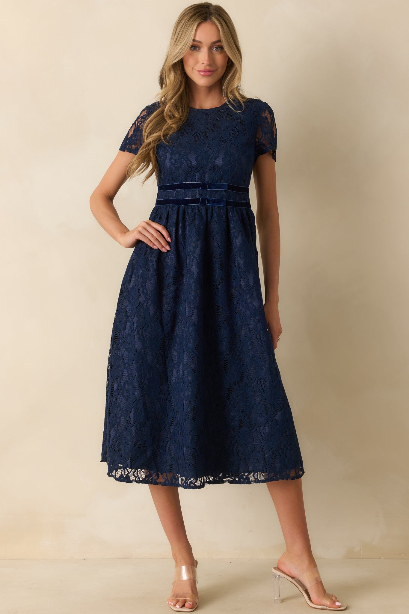 Never Look Back Navy Floral Lace Short Sleeve Velvet Trim Midi Dress