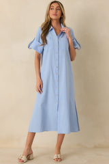 Show Me the Way Light Blue Cotton Button Front Midi Shirt Dress