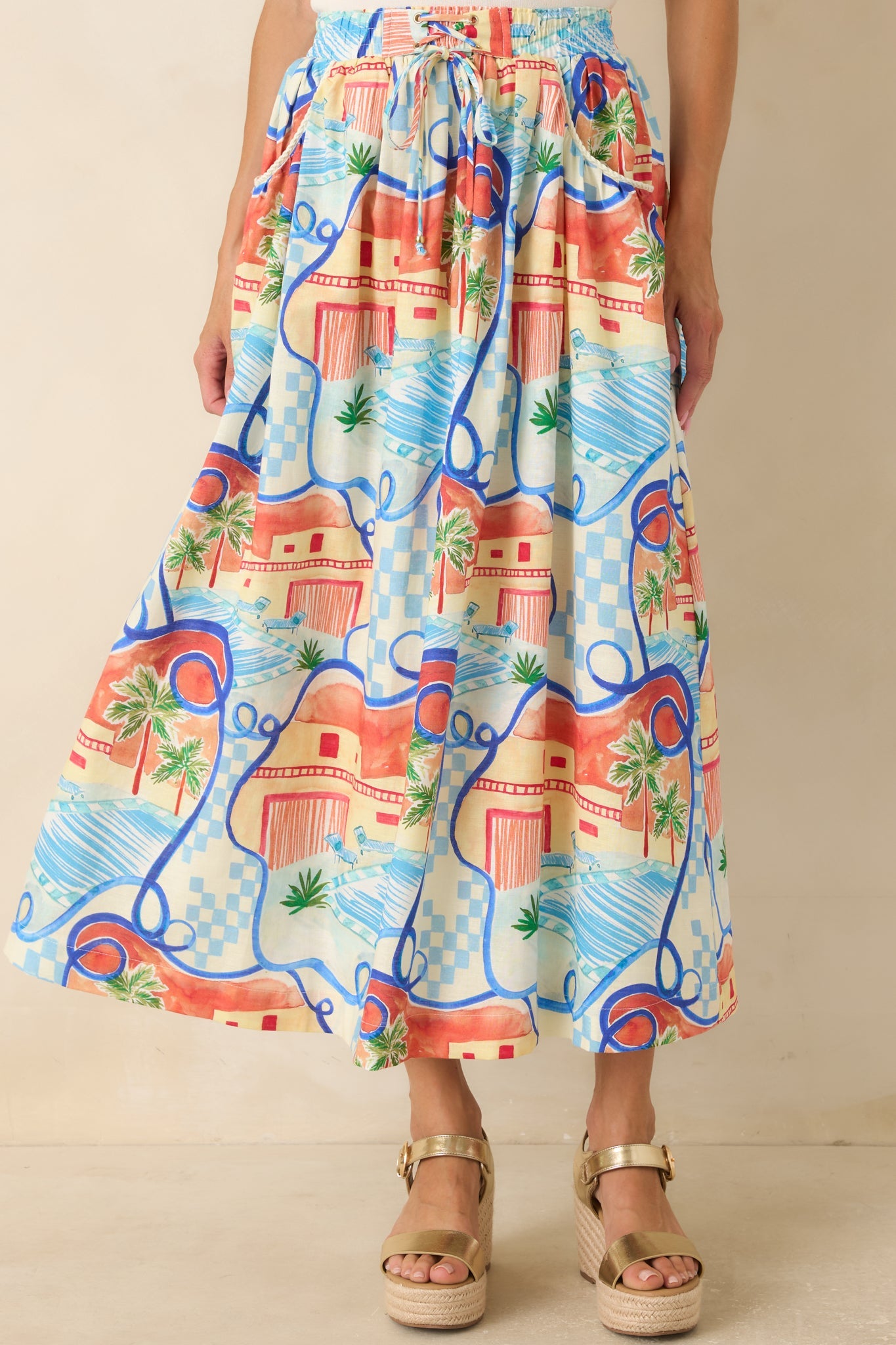 Where To Next? Coral Orange & Blue Multi Poolside Print Midi Skirt