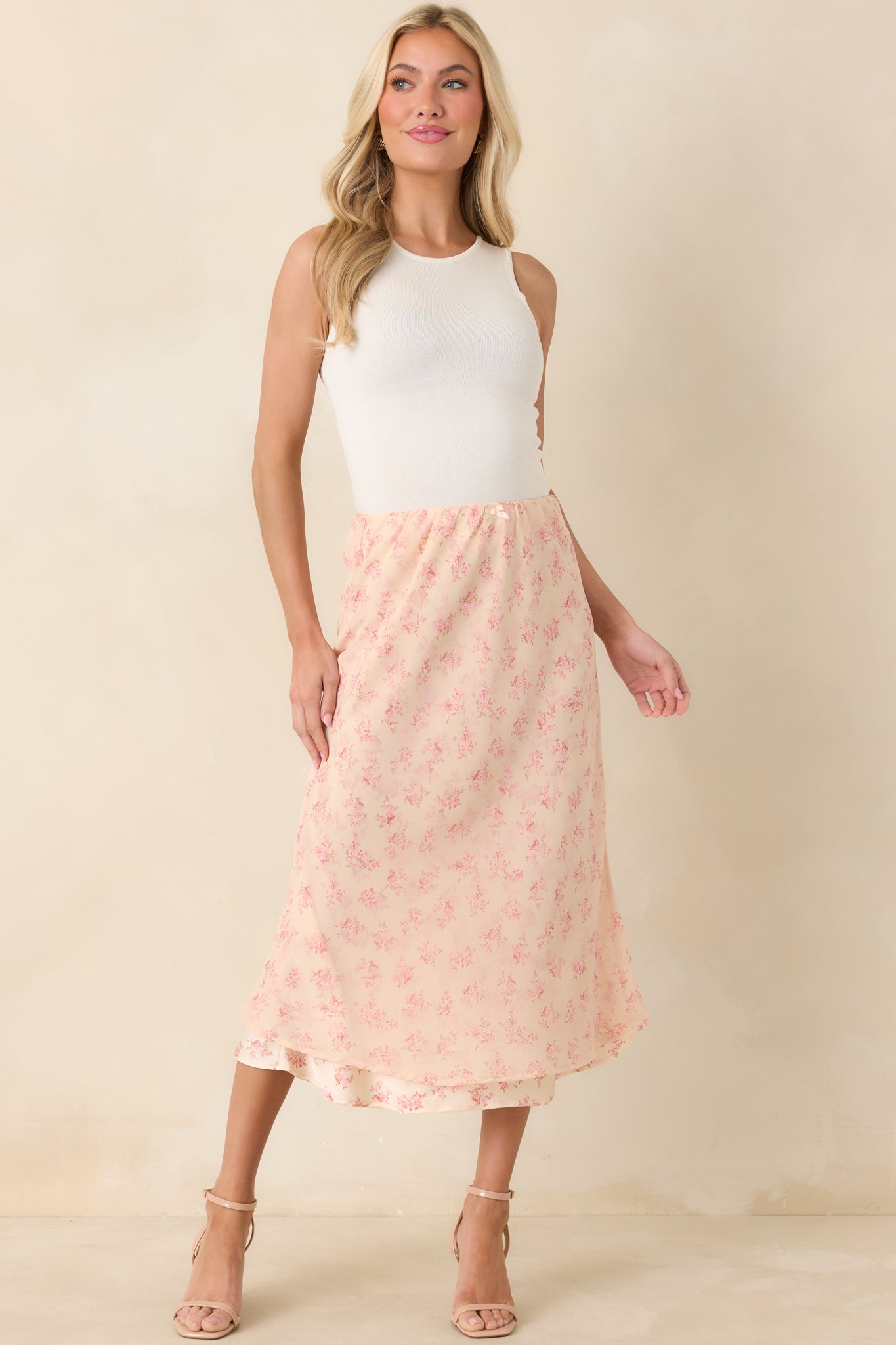 Drifting in Dreams Pink Floral Chiffon Layered Midi Skirt