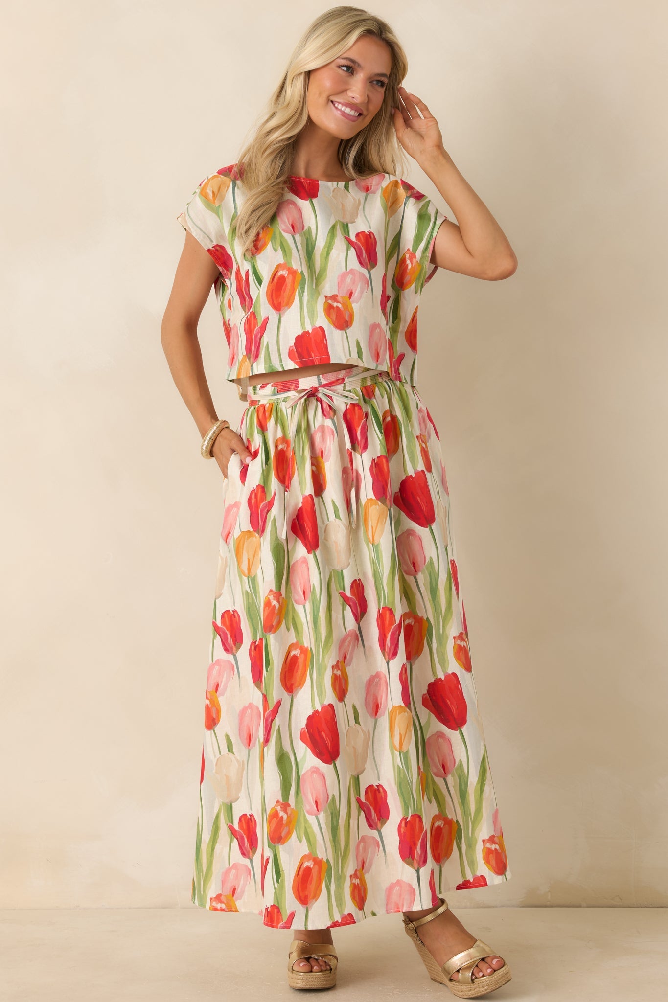 Garden District Ivory & Red Multi Linen Blend Floral Midi Skirt