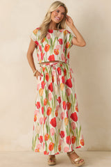 Garden District Ivory & Red Multi Linen Blend Floral Midi Skirt