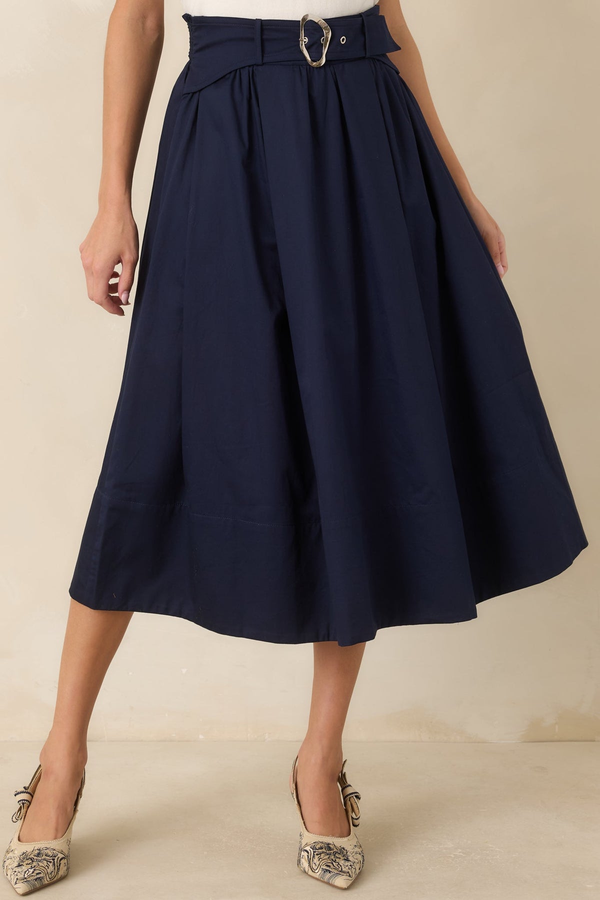 Worth Mentioning Navy Belted Cotton Midi Skirt
