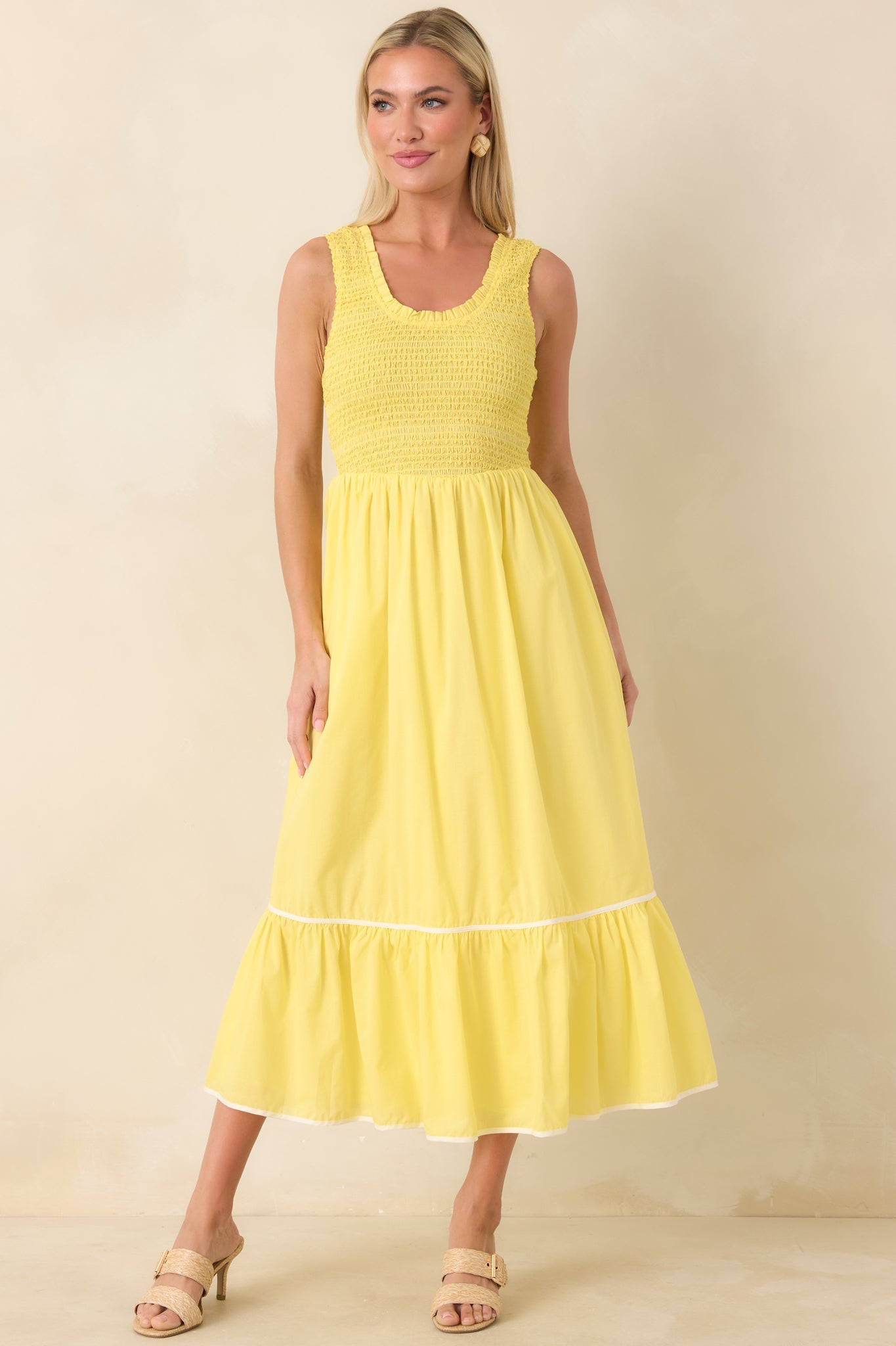 Today's the Day Yellow Textured Cotton Tiered Midi Dress