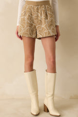 Take A Break Tan Cotton Embroidered Shorts