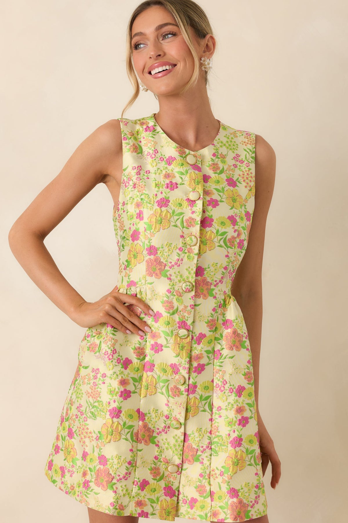 Fresh Picked Feelings Yellow Multi Floral Button Front Sleeveless Mini Dress
