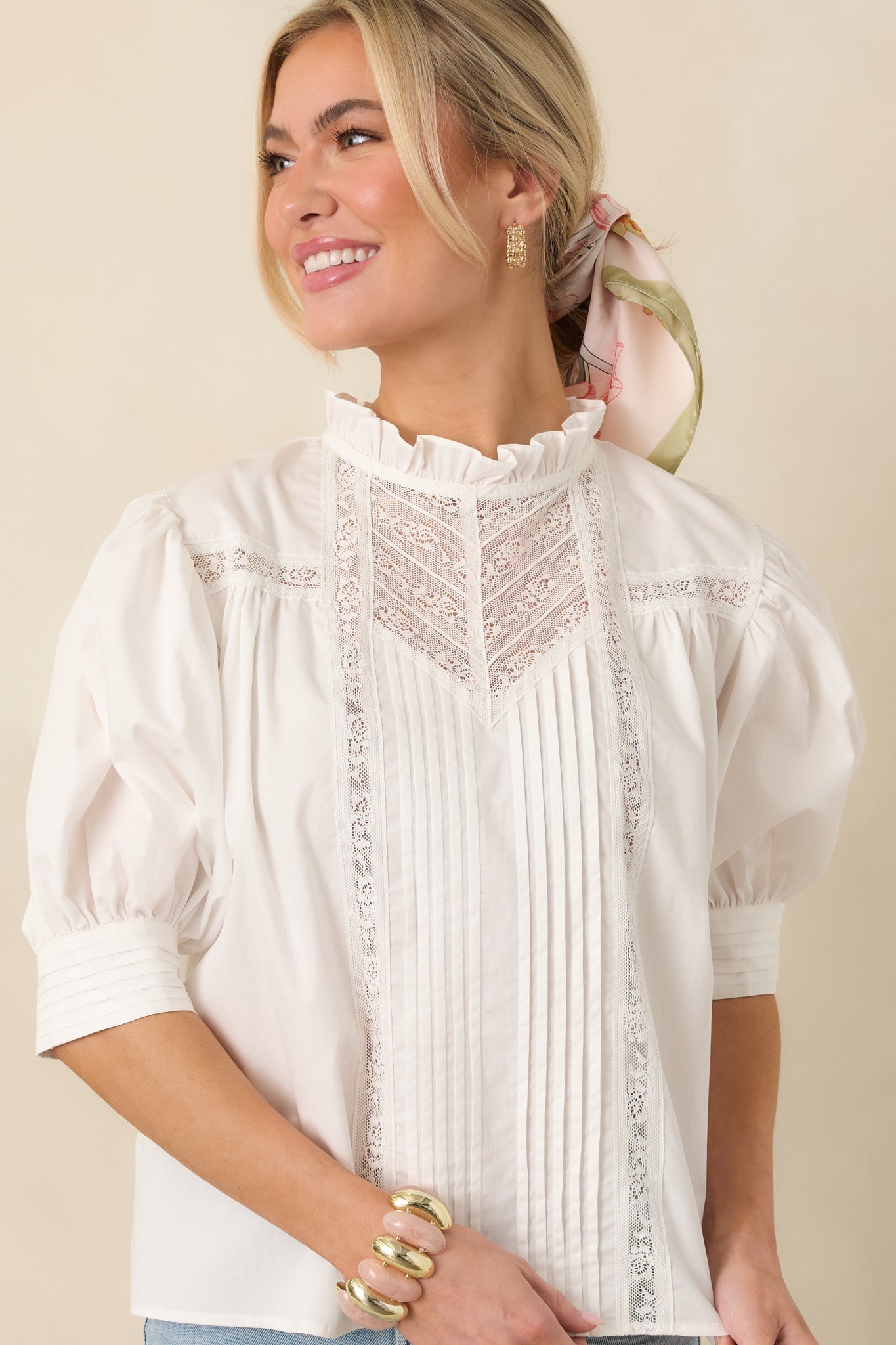 Lines Yet Written White Cotton Pintuck and Lace Puff Sleeve Top