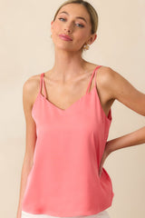 No Worries Here Pink Coral Satin V-Neck Tank Top