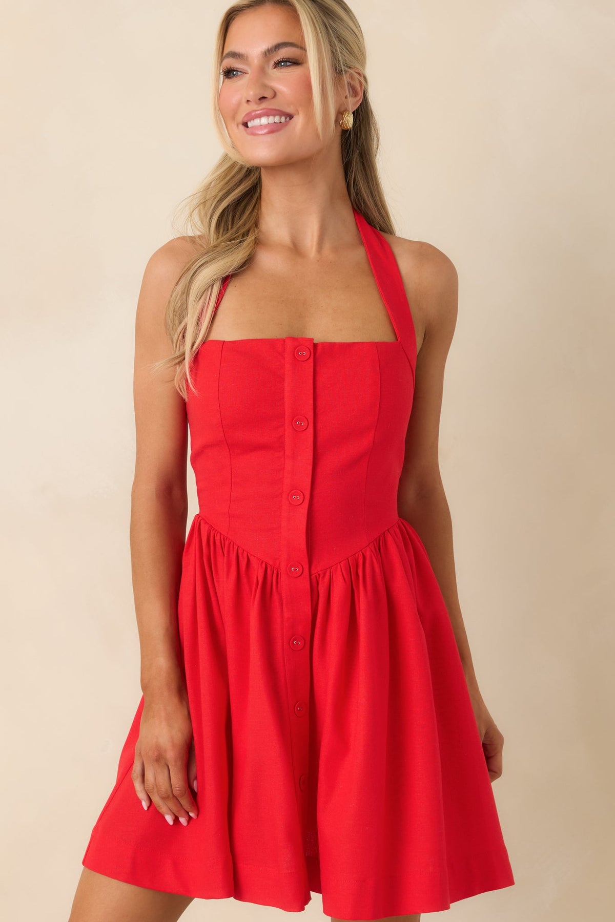 Turning Heads Red Button Down Halter Mini Dress
