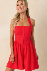 Turning Heads Red Button Down Halter Mini Dress