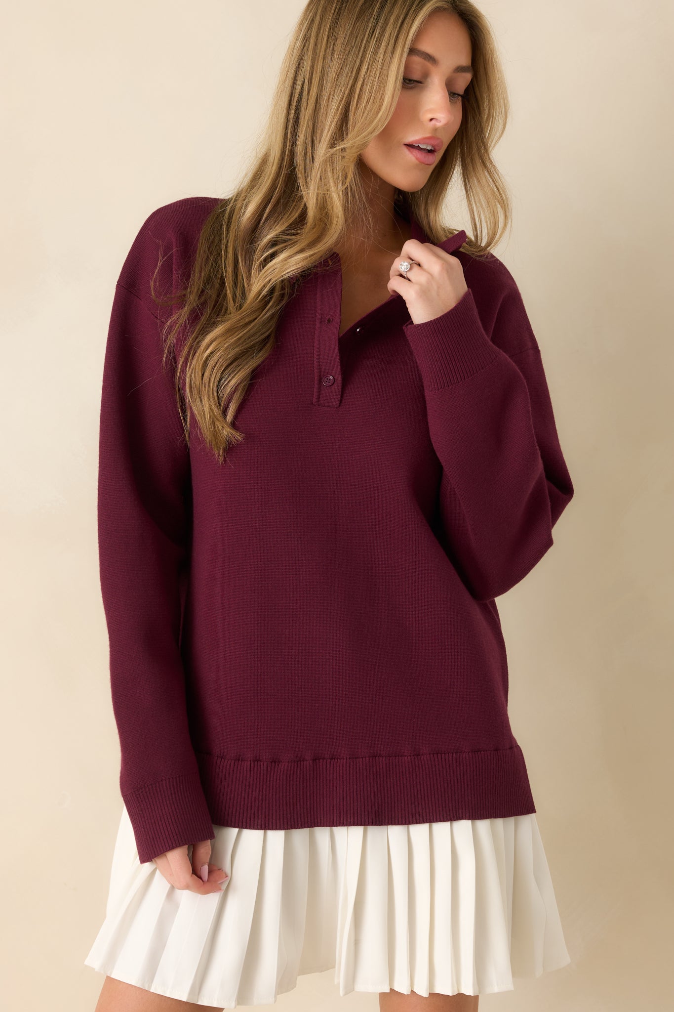 Close To Heart Burgundy Knit Collared Sweater Mini Dress