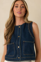 Ties That Bind Dark Wash Cotton Denim Braided Trim Vest