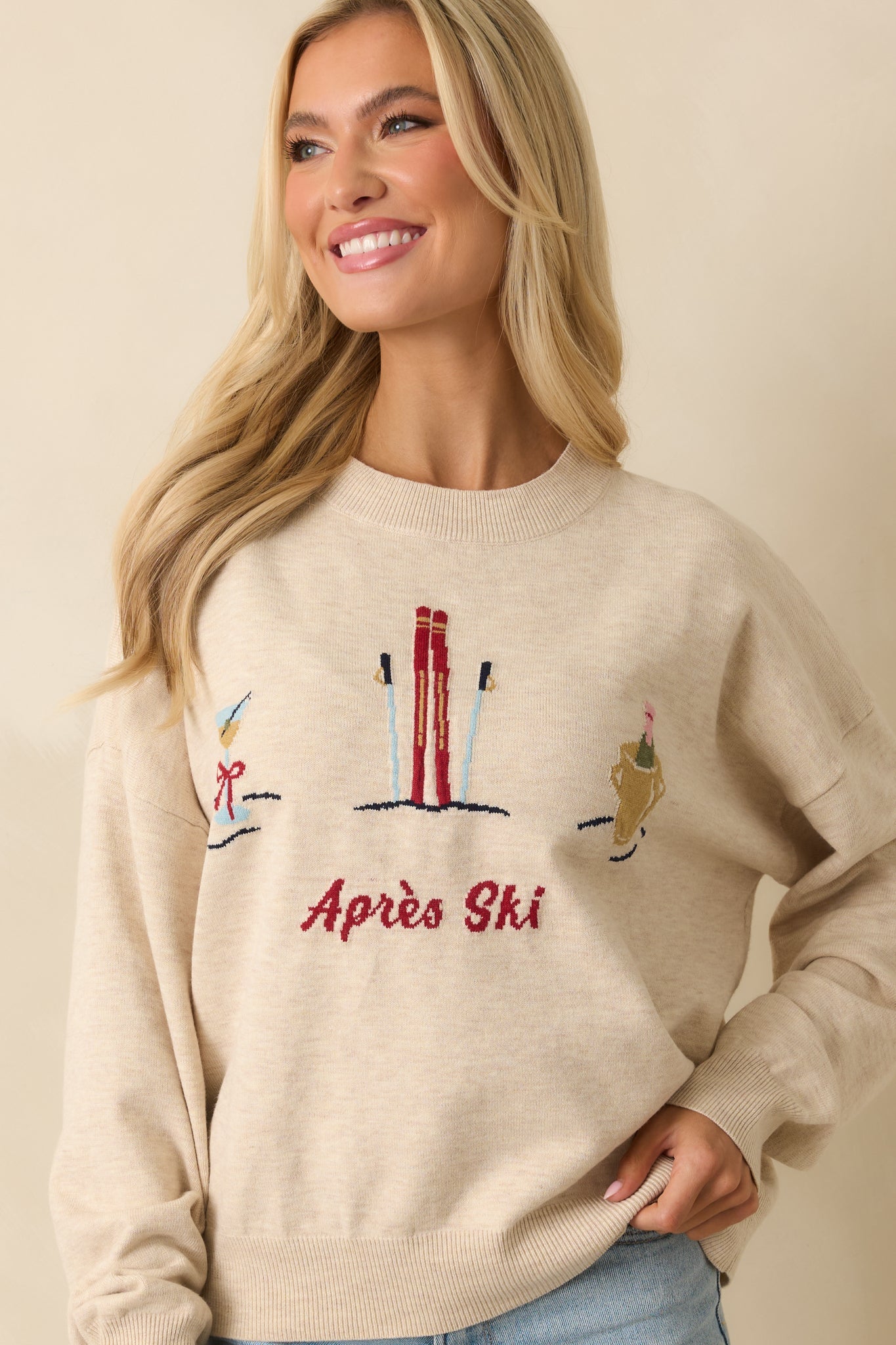 Sips After Slopes Heathered Oatmeal Après Ski Crewneck Sweater