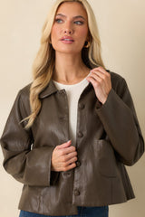 City Limits Chocolate Brown Faux Leather Button Up Jacket