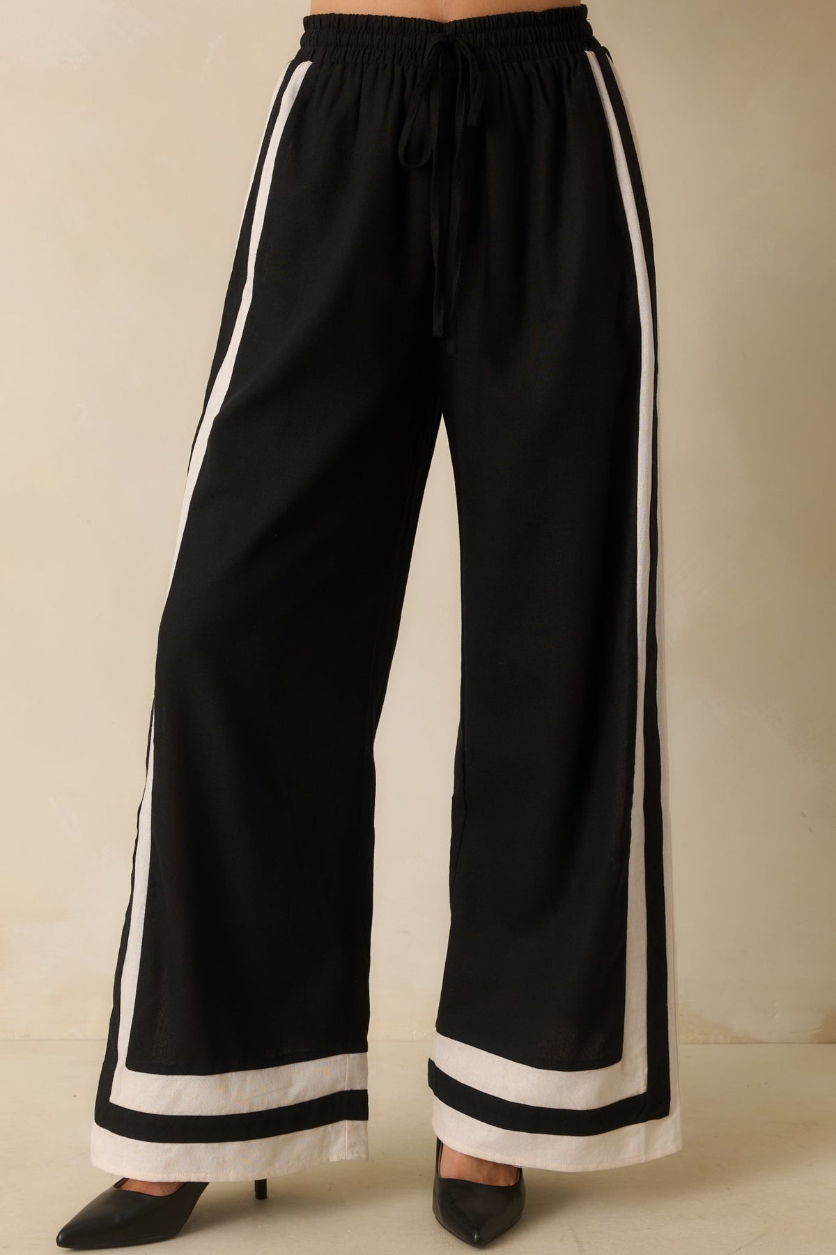 She Always Knows Black Contrast Trim Linen Blend Wide Leg Pants