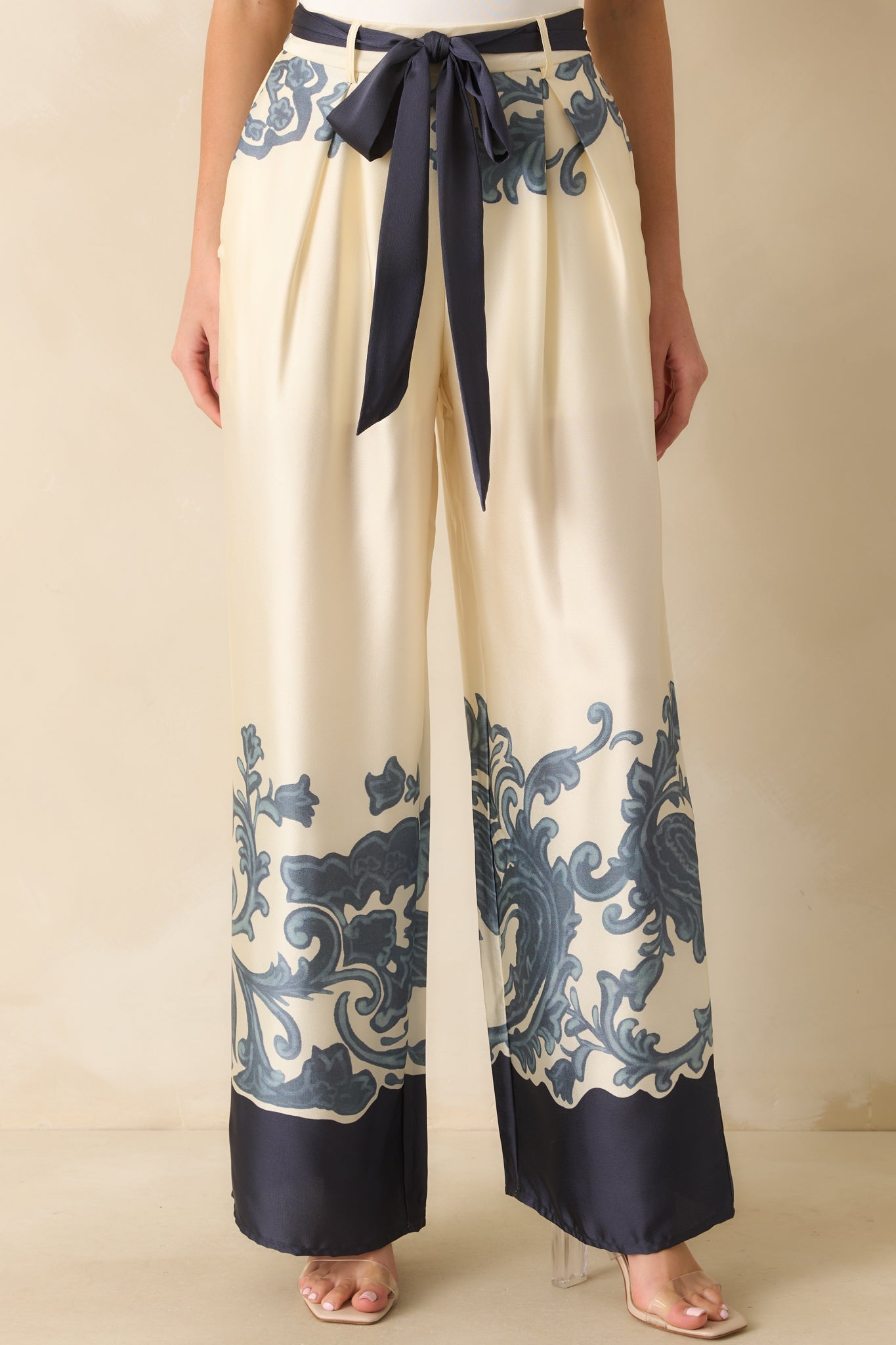 The Whole Picture Navy Multi Print Belted Wide Leg Pants