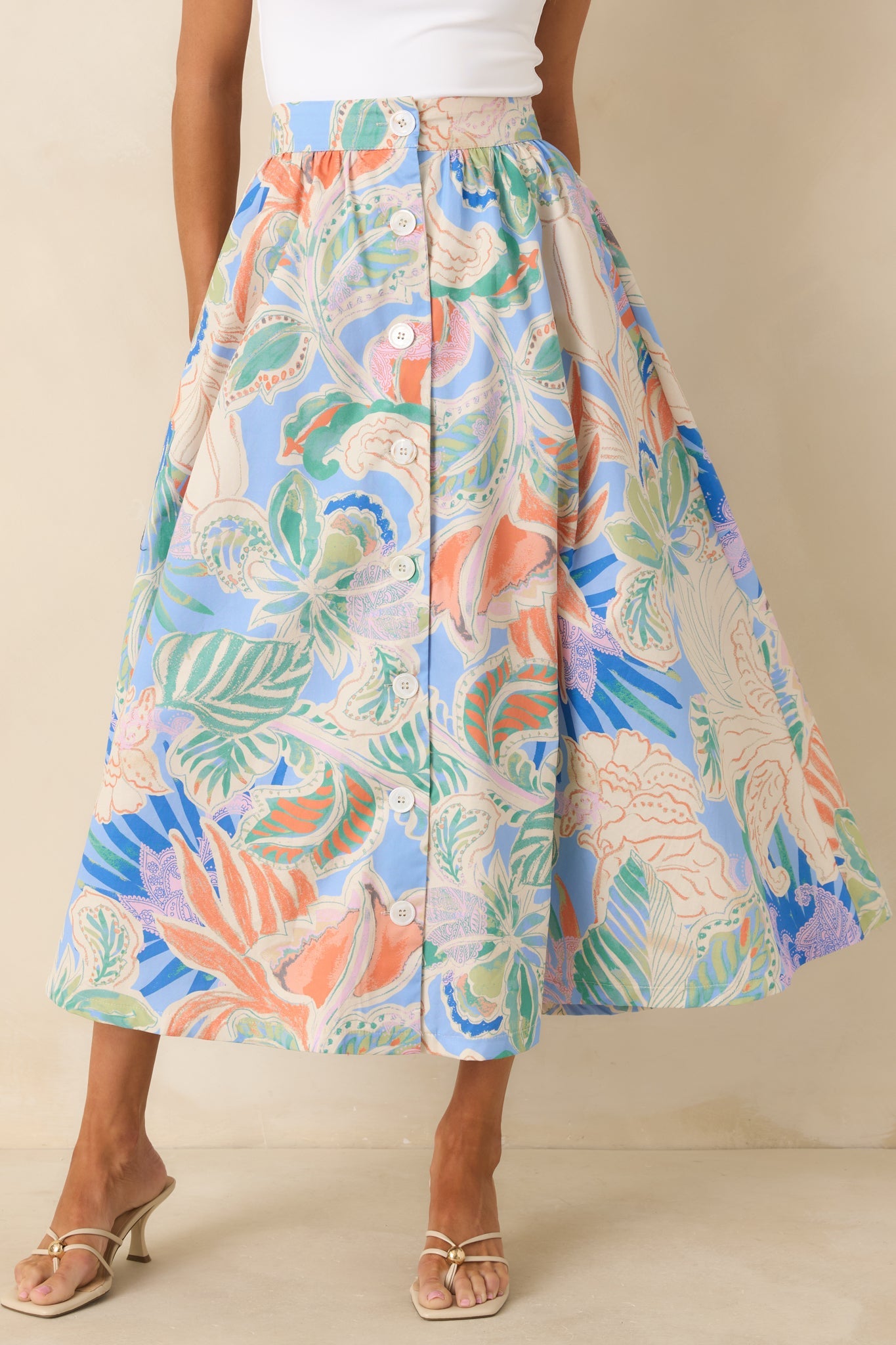 Summer Sketchbook Blue Multi Floral Button-Front Maxi Skirt