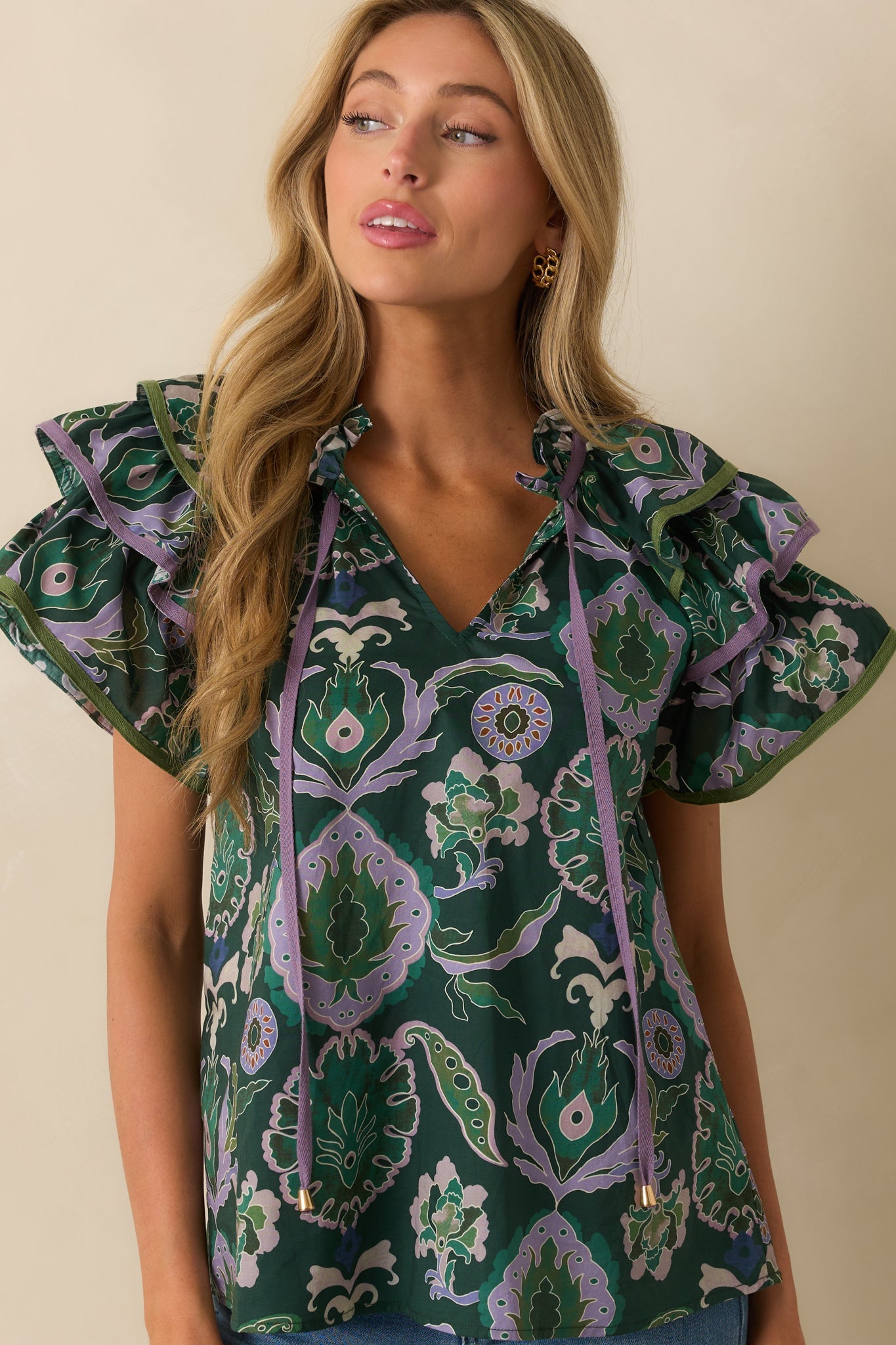 The Rest Is Certain Green Multi Print Cotton Ruffle Sleeve Blouse