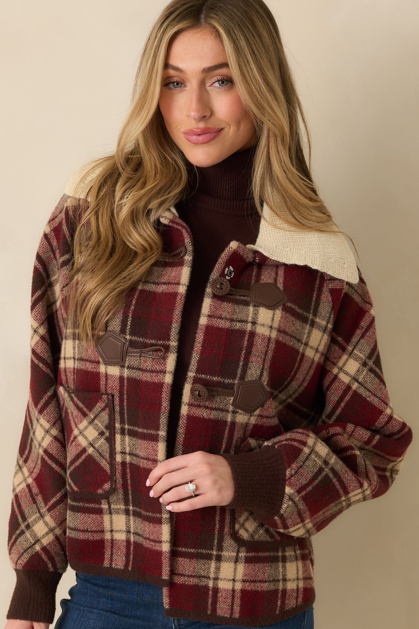 Cabin Check Cranberry Red Plaid Knit Collared Jacket