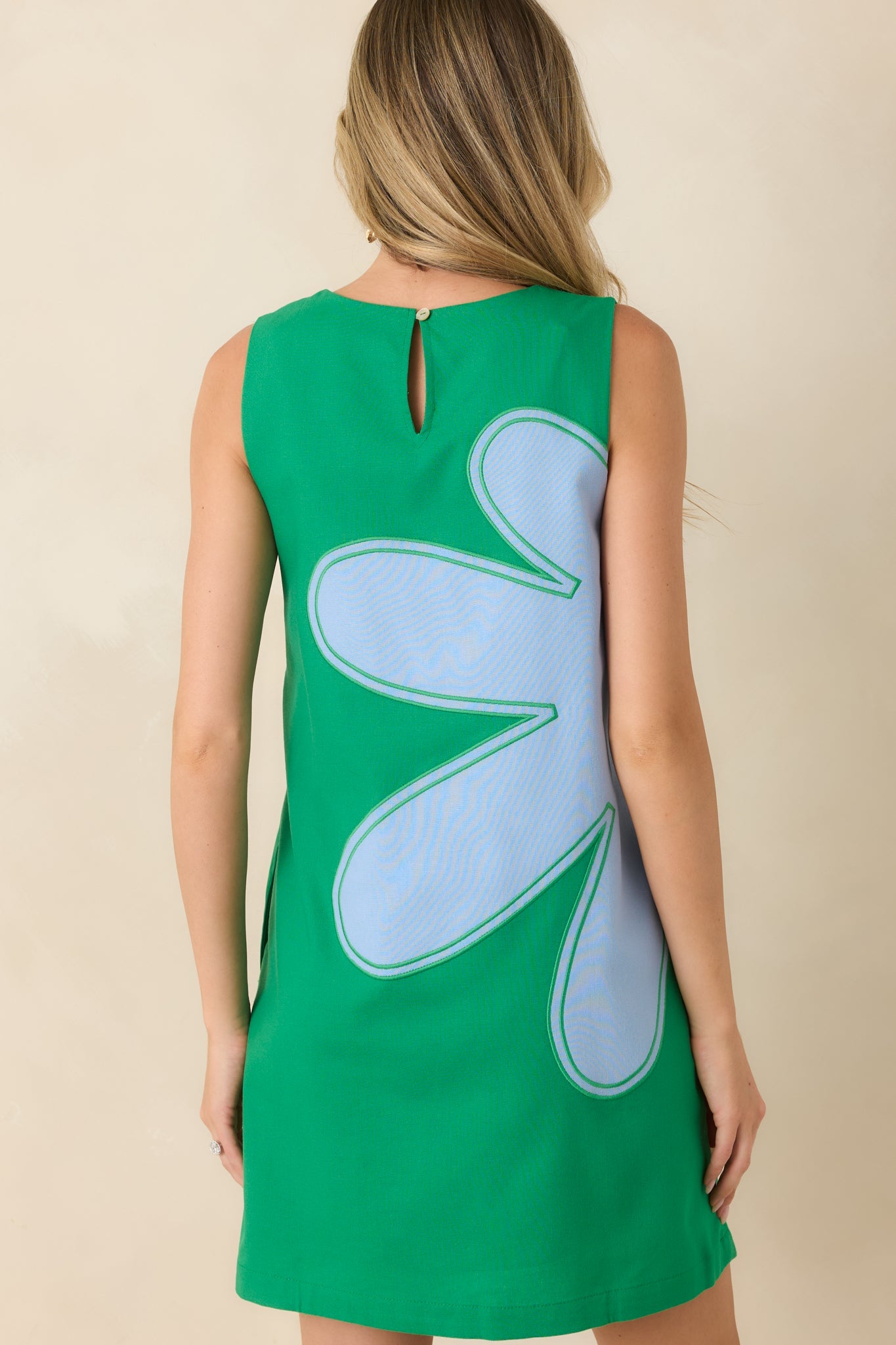 Mood Booster Green & Blue Appliqué Mini Shift Dress