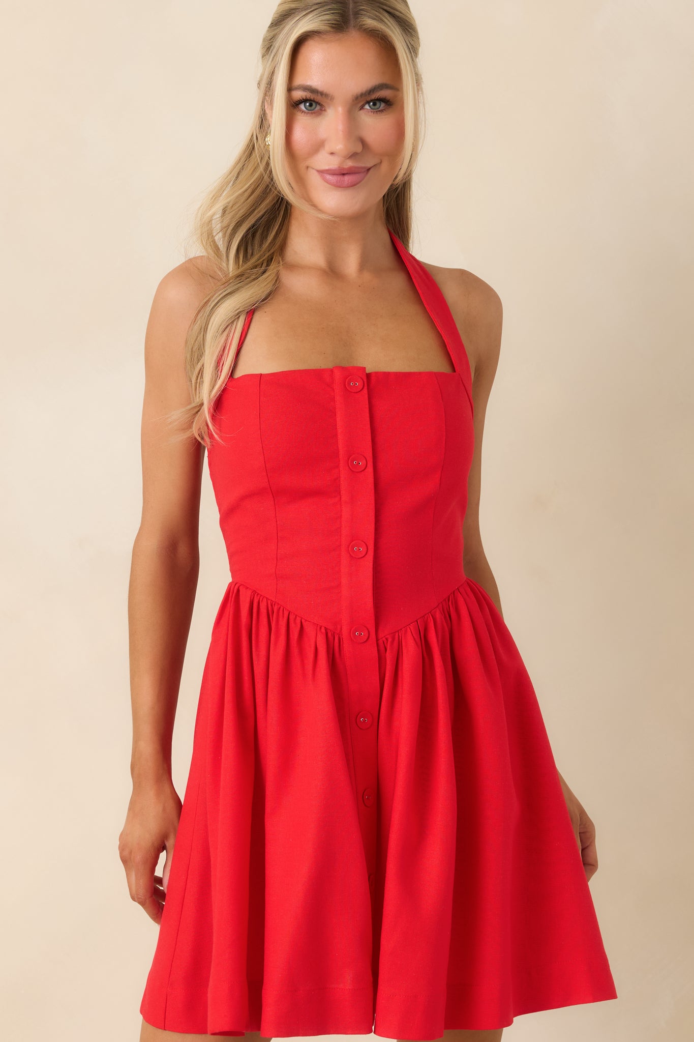 Turning Heads Red Button Down Halter Mini Dress
