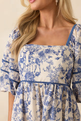 You Know The One Blue Floral Toile Cotton Half Sleeve Mini Dress
