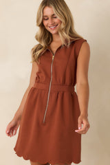 Zip Through the Day Rust Zip Front Scalloped Hem Mini Dress