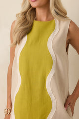 The Art of Summer Beige & Chartreuse Cotton Mini Shift Dress