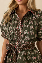 Nothing Forgotten Olive Green Multi Floral Print Cotton Mini Dress
