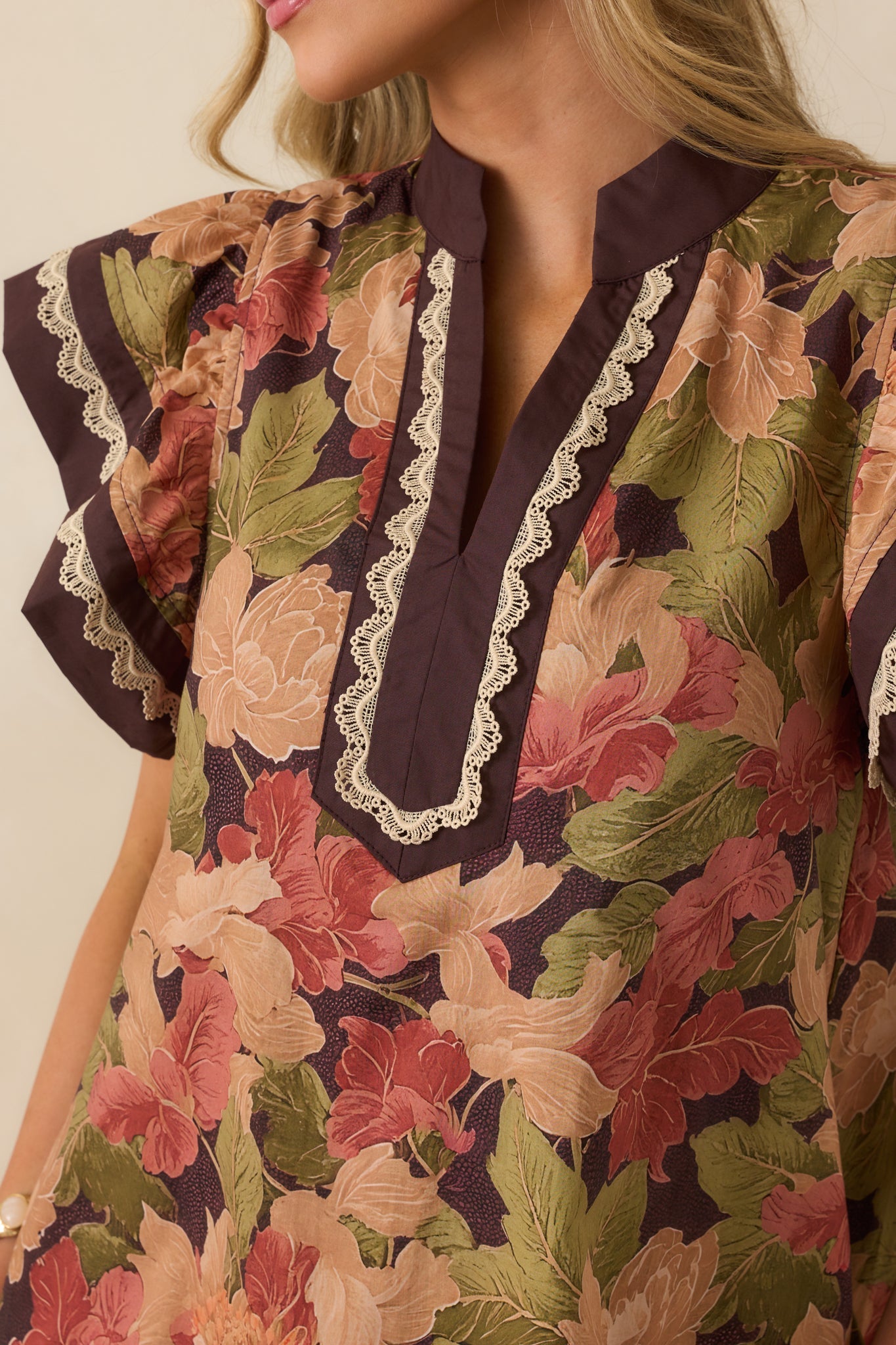 Word For Word Brown Multi Floral Print Cotton Mini Dress