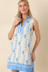 Seaside Dreaming Blue Embroidered Contrast Trim Mini Shift Dress