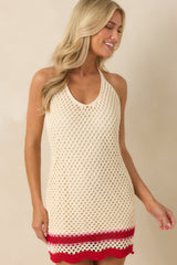 MINKPINK Elva Ivory & Red Stripe Crochet Halter Mini Dress
