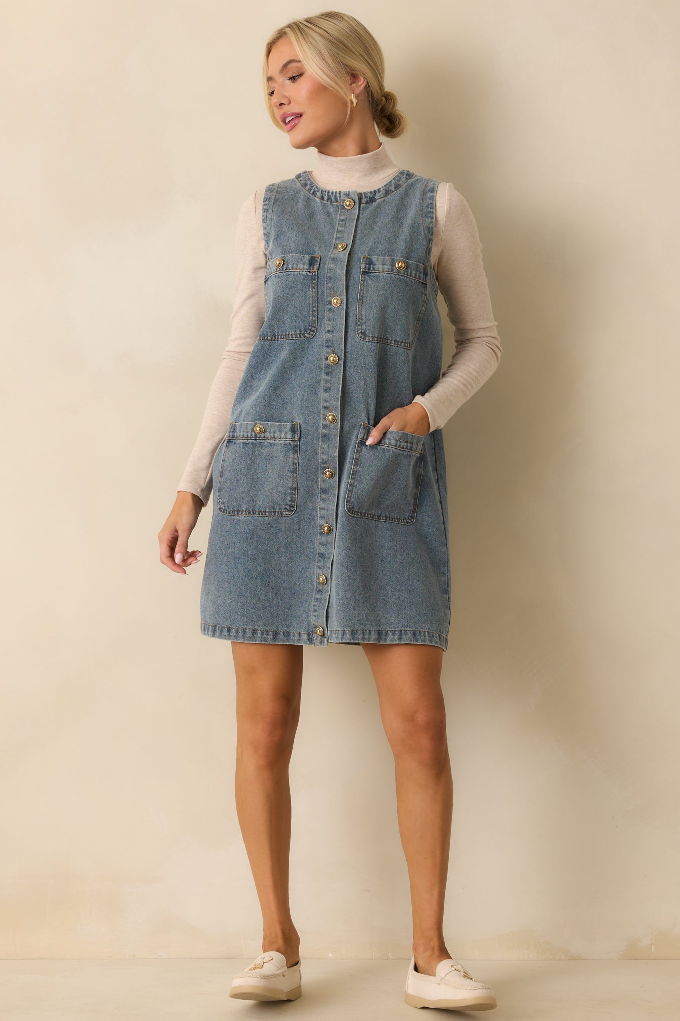 Urban Legend Medium Wash Button Front Denim Mini Dress