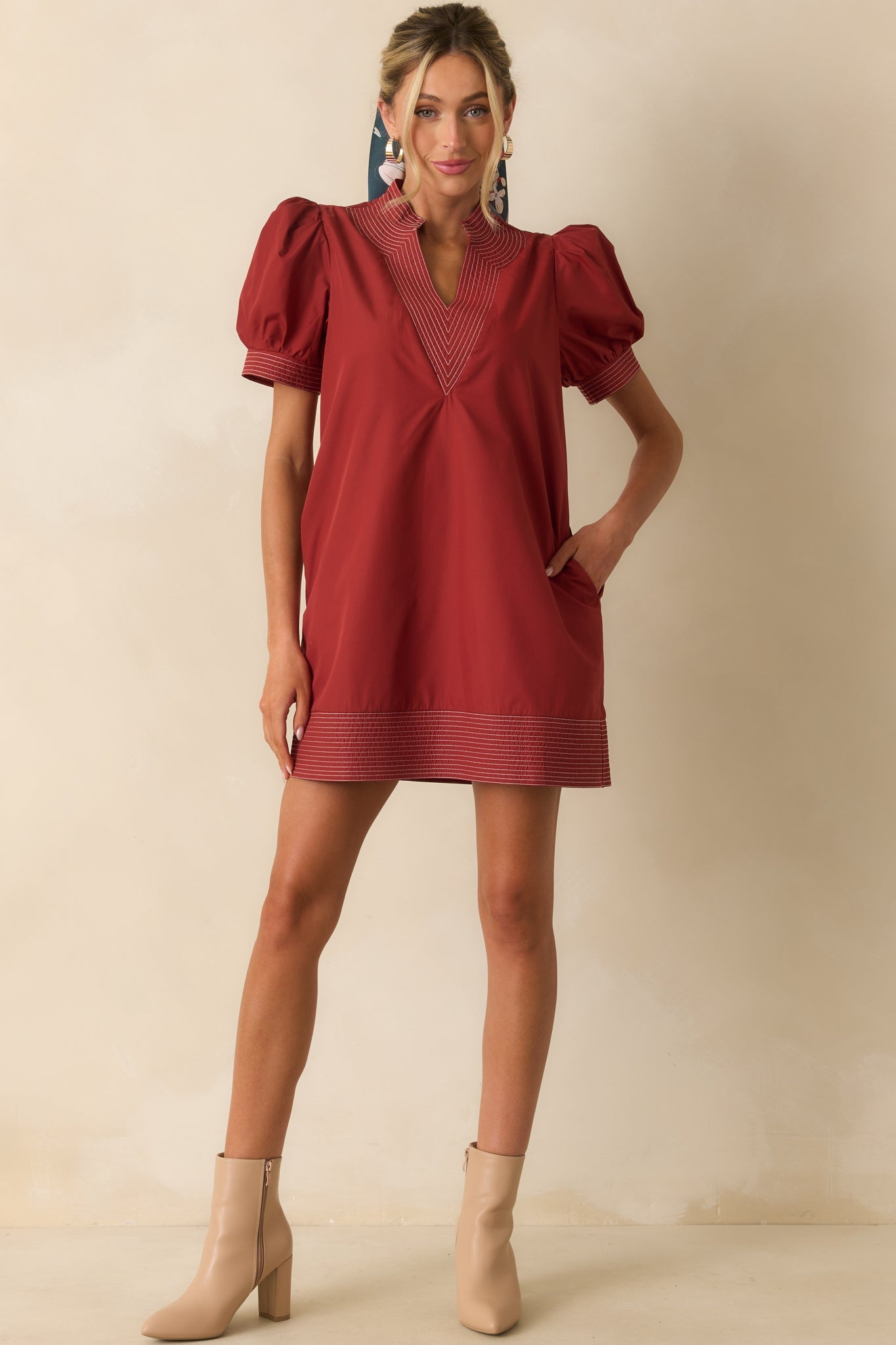 Took The Right Turn Brick Red Cotton Puff Sleeve Mini Dress