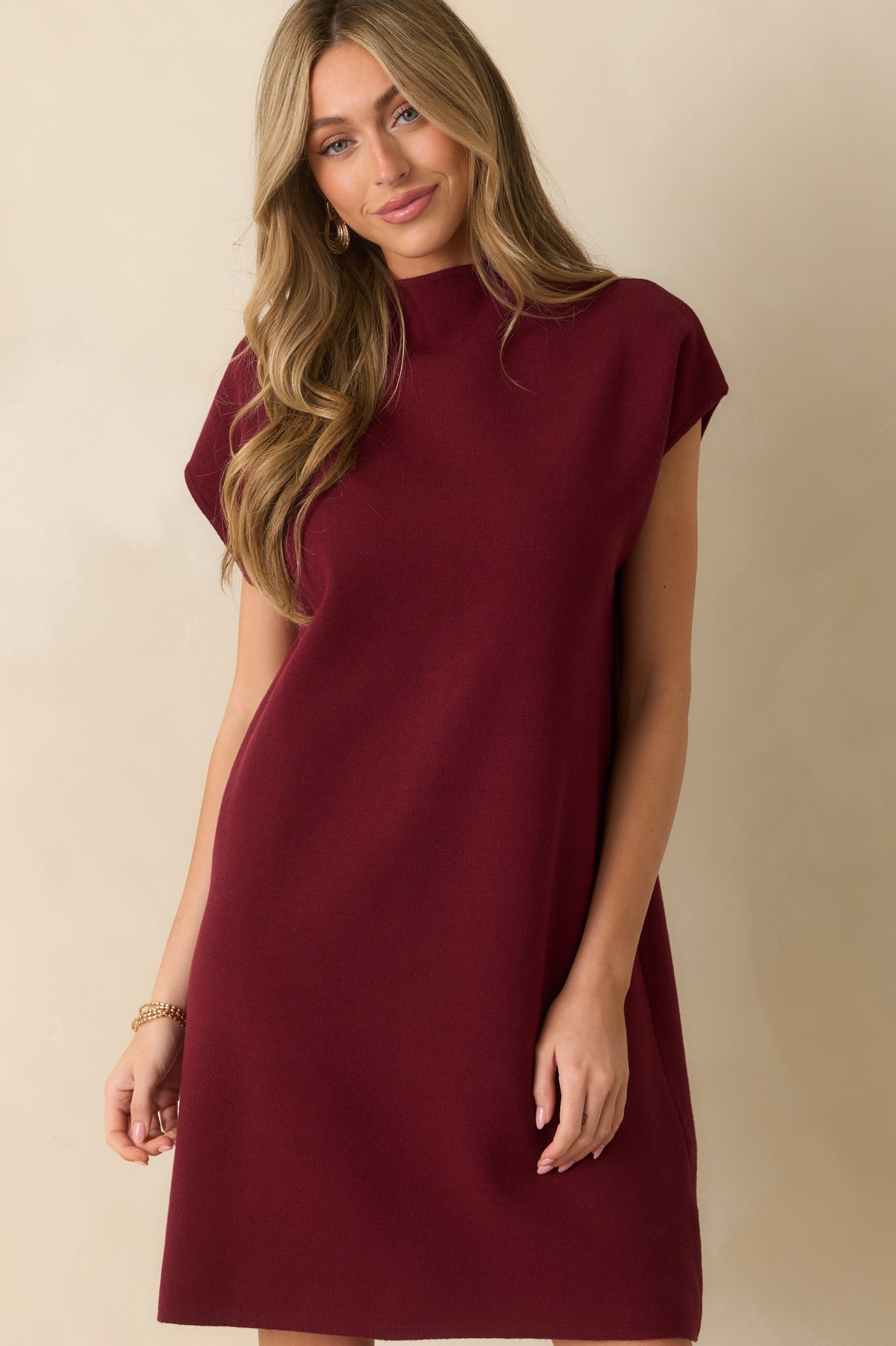 Make No Mistake Burgundy Knit Mock Neck Mini Dress