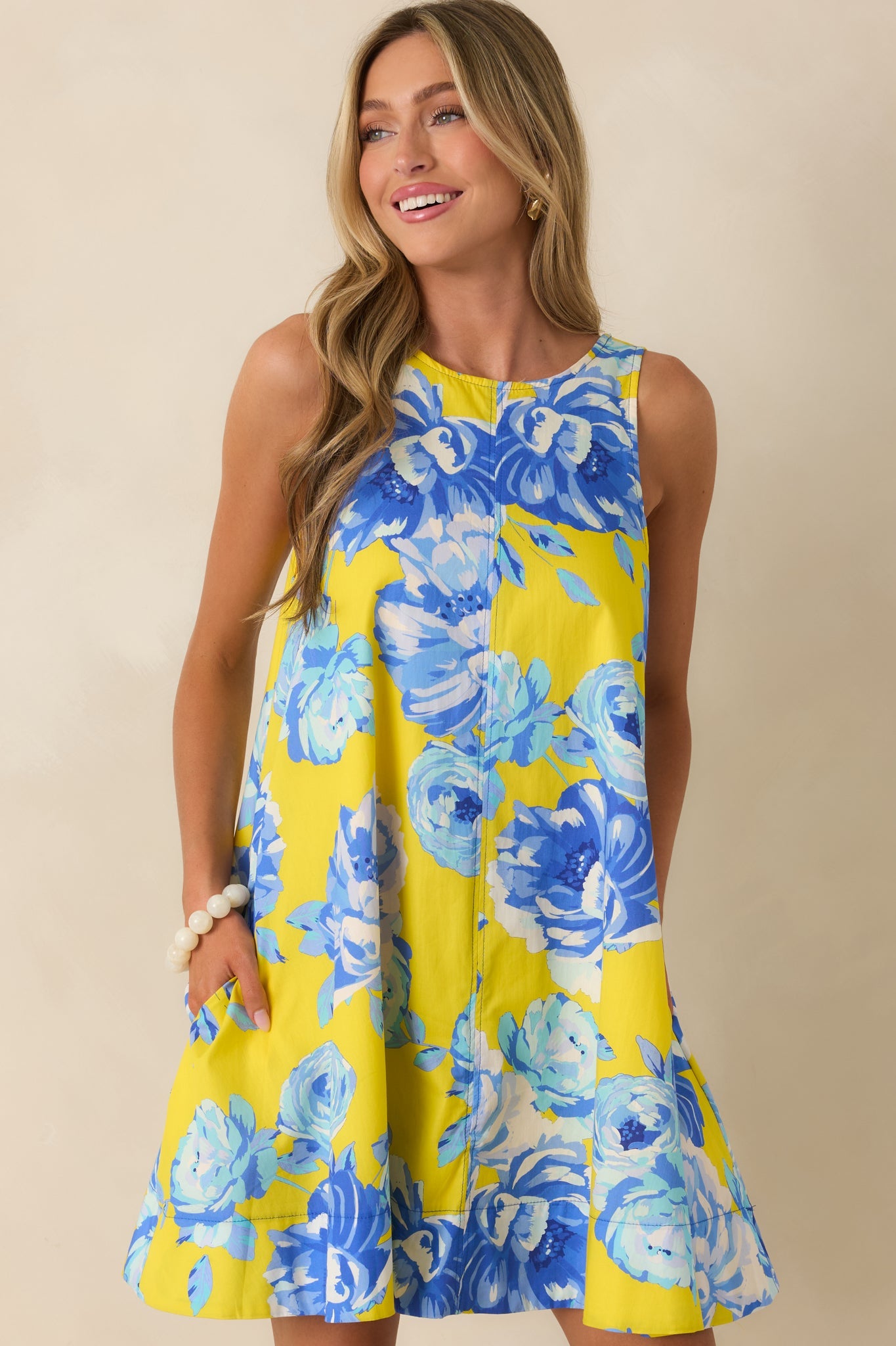 One Fine Day Yellow & Blue Cotton Floral Swing Dress