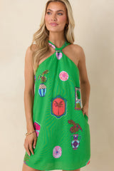 Catching Waves Green Multi Tropical Print Tie-Back Halter Mini Dress