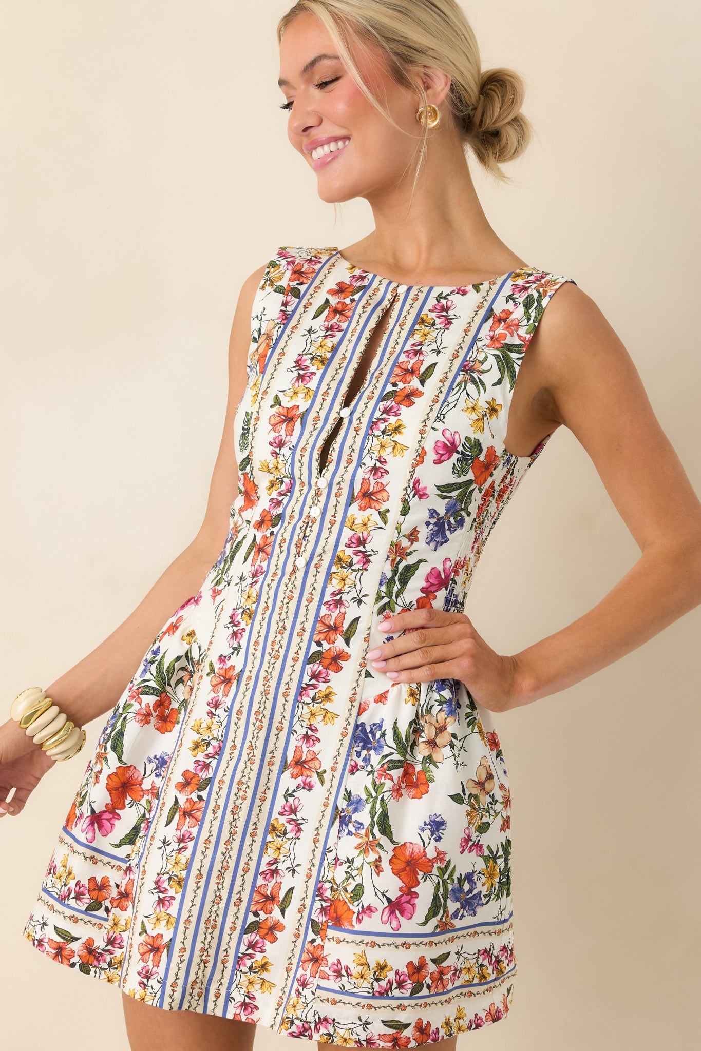 You Look Like Summer Ivory Multi Floral Cotton Sleeveless Mini Dress